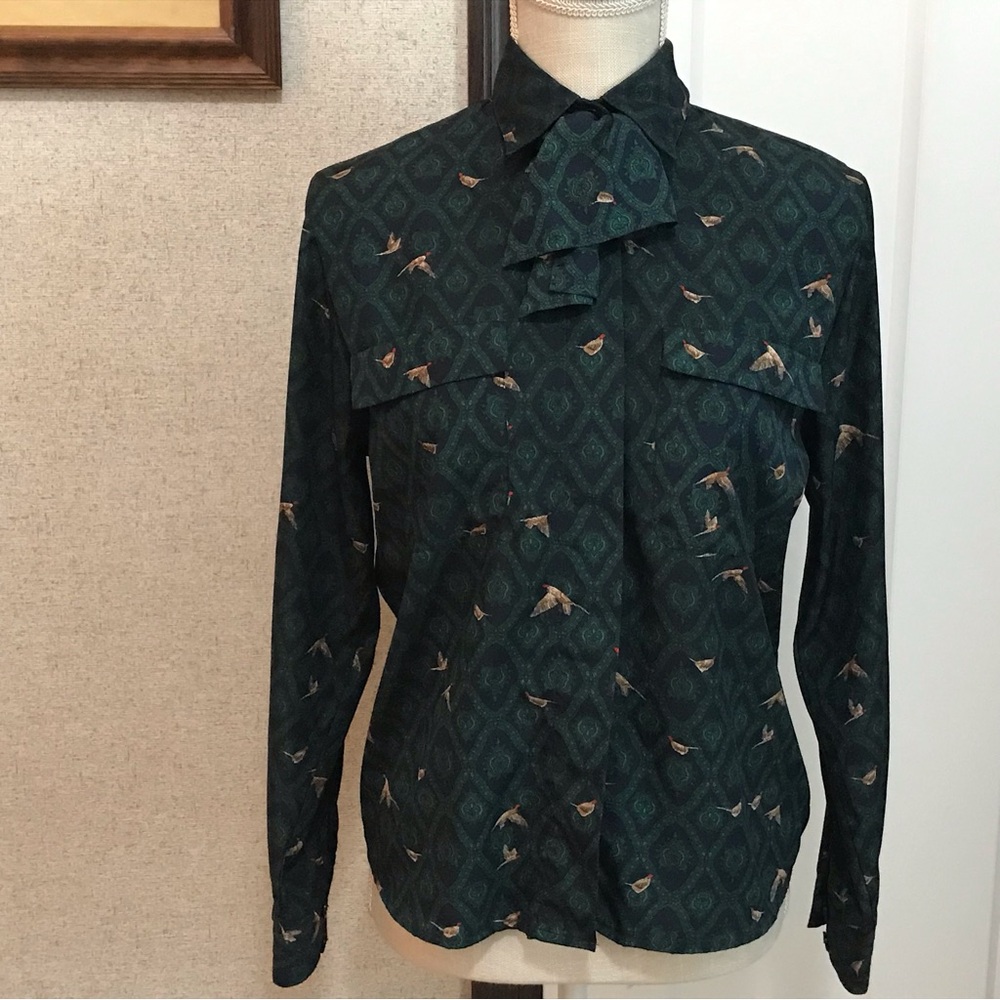 JH Collectibles Petites Dark Green Patterned Blouse Long Sleeve Vintage Size 4P